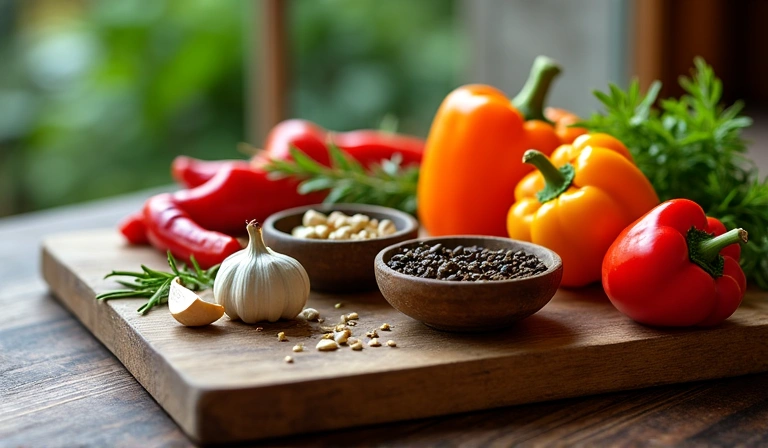 A cutting board with fresh ingredients like herbs, garlic, and spices, representing healthy cooking.