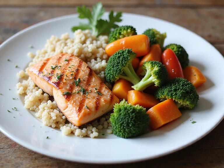 A beautifully arranged plate of healthy, balanced food including grilled salmon, quinoa, and steamed vegetables, showcasing vibrant colors and fresh ingredients.