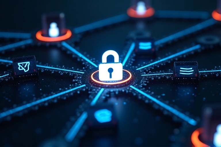 Abstract representation of data flow securely between different entities, symbolizing privacy and controlled sharing